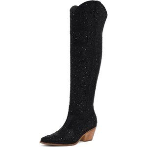 Women Rhinestone Over the Knee Boots Sparkly Bling Cowgirl Boots Pull-On Black